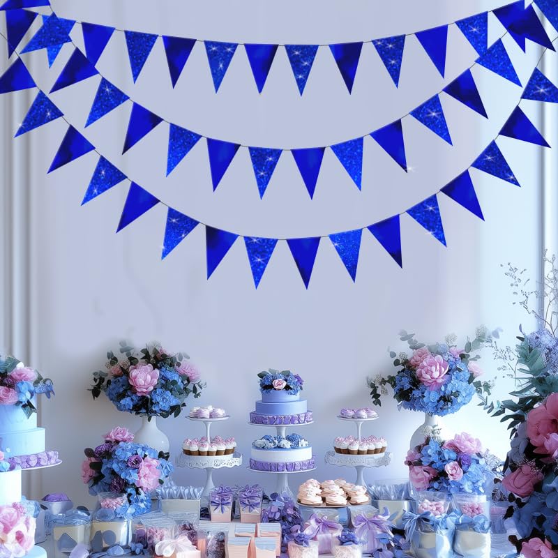 Image of Blue Hanging Triangle Flag Pennant Garland Blue Hanging Paper Pennant Streamer Paper Triangle Flag Bunting Banner for Graduation Wedding Engagement Birthday Party Decorations 30 Feet