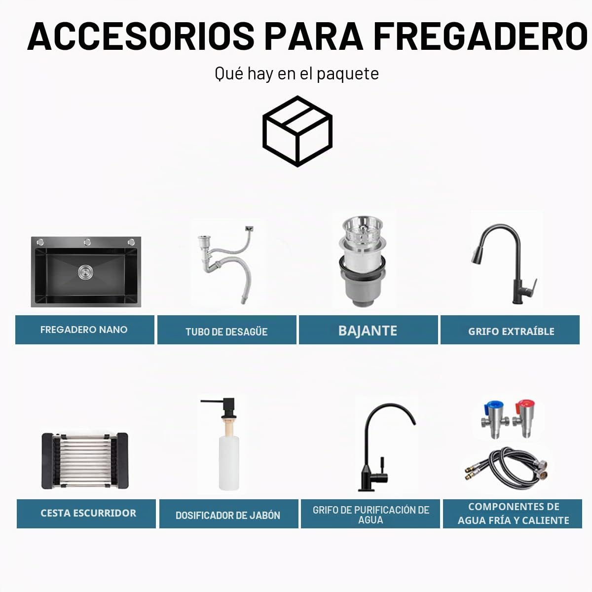 Fregadero de cocina de acero inoxidable 304 negro mate, 50 x 45 cm, fregadero empotrado con grifo, dispensador de jabón, grifo de agua potable (50 x 45 cm)