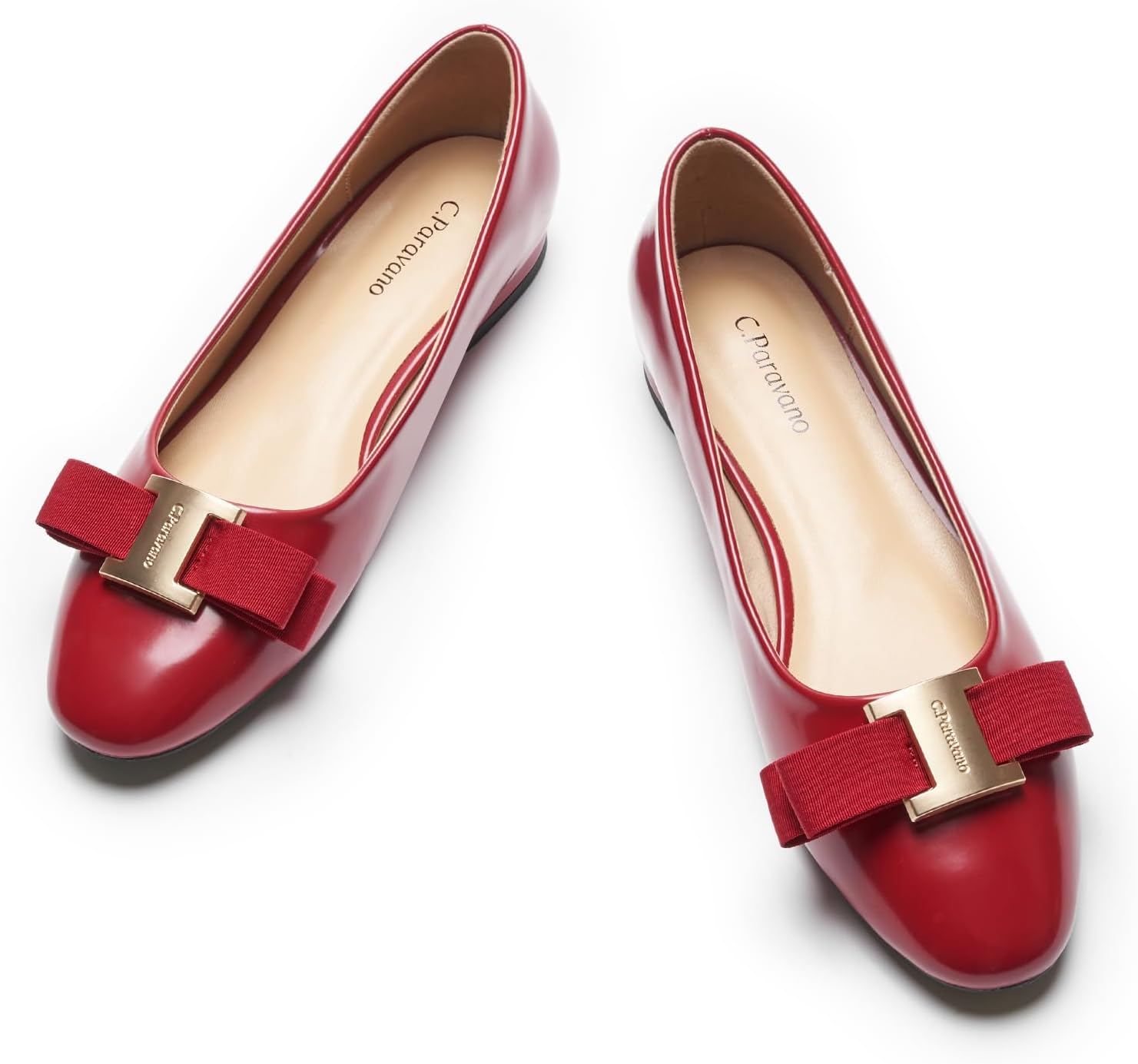 C.Paravano Ballet Flats | Round Toe Bow Shoes | Metal Buckle Women's Pumps | Flat Dress Shoes for Women(10.5,Red)