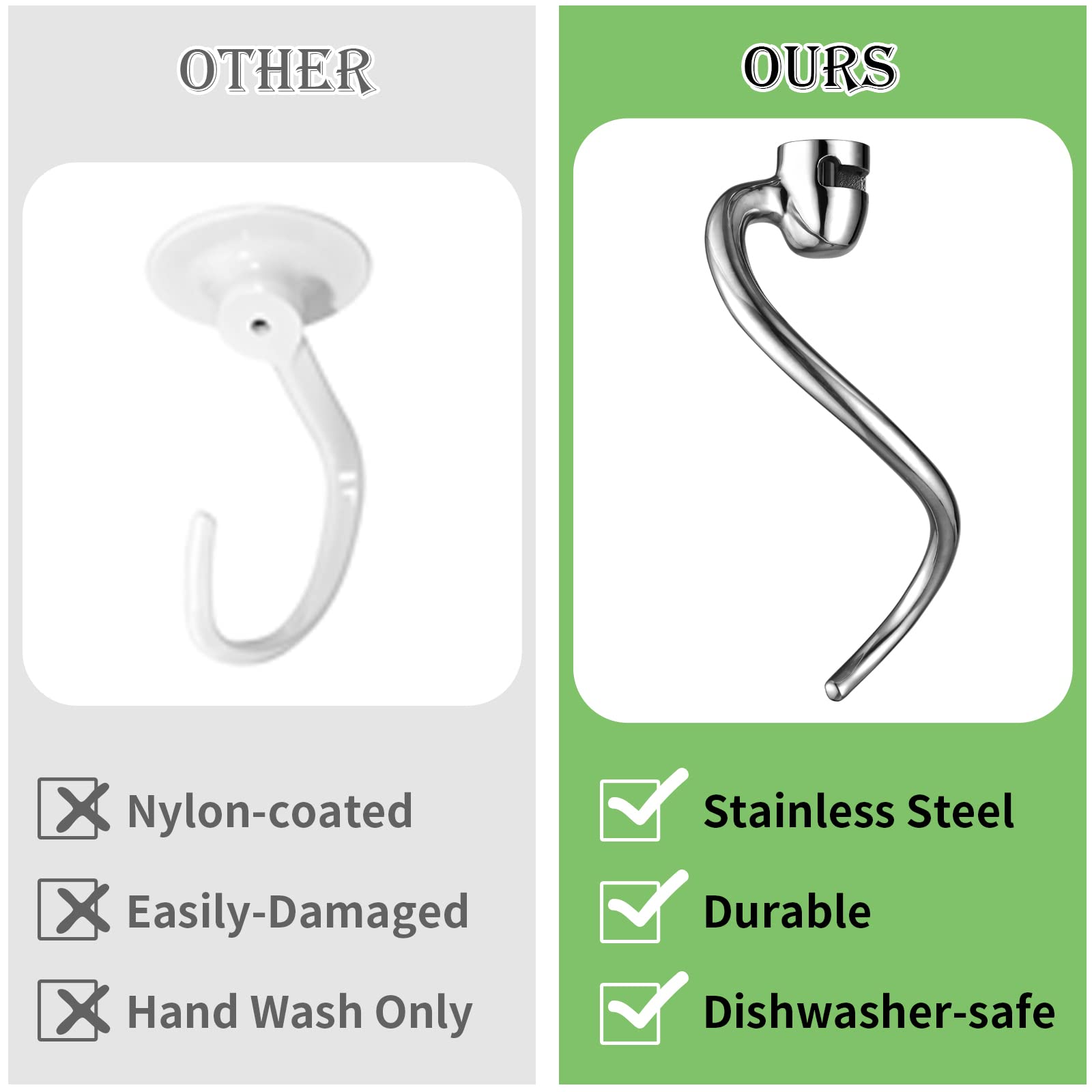 Gdrtwwh Stainless Steel Dough Hook Attachment For KitchenAid 5 & 6Quart Bowl