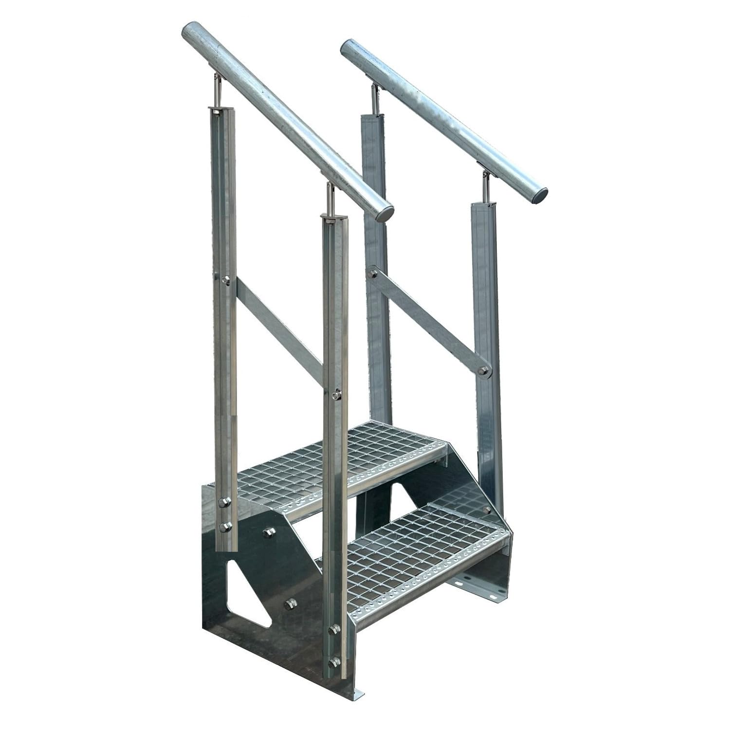 Premium Treppe Freistehend 2 Stufen beidseitigem Geländer (Breite 1200 mm) (Höhe 38cm) Wetterfest Gitterroststufe Gartentreppe