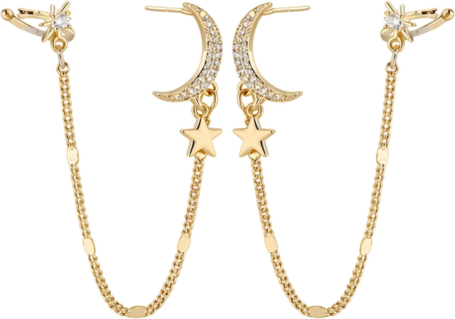 2 Pairs Moon Star Tassel Ear Cuffs for Women, Clip On Earrings for Women Fashion, Style Earrings for Wear, Parties, Weddings, Gifts for Girls