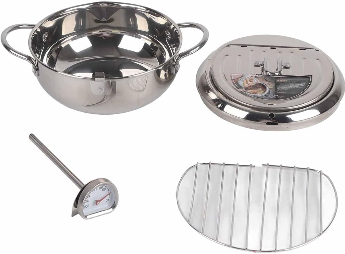 2025 New Japanese Deep Fryer Pot, 304 Stainless Steel Frying Pot with Thermometer and Oil Drip Drainer Rack, for Kitchen Stove/Induction Cooker French Fries Fryer Chicken 4.2L (Gold,3.4L)