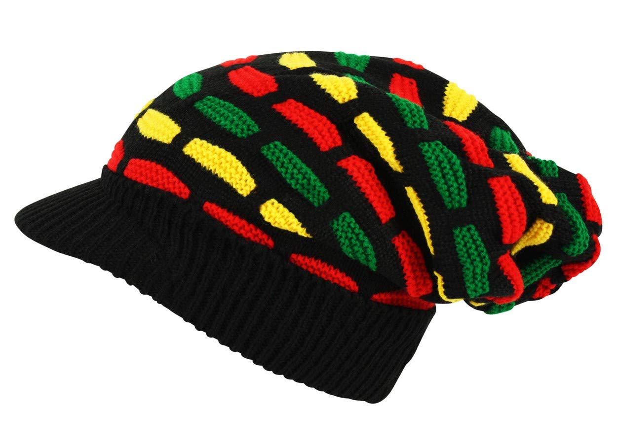 Itzu Men's Black (All Over Mosaic) Rasta Oversized Knit Slouch Peak Beanie Cap Hat In