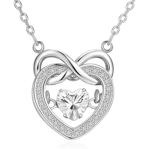 Sterling Silver Heart Infinity Necklace, Crystal Pendant with Dancing Heart Design,...