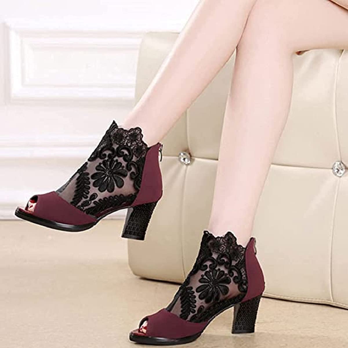 Lace mesh insert chunky heeled boots Clearance