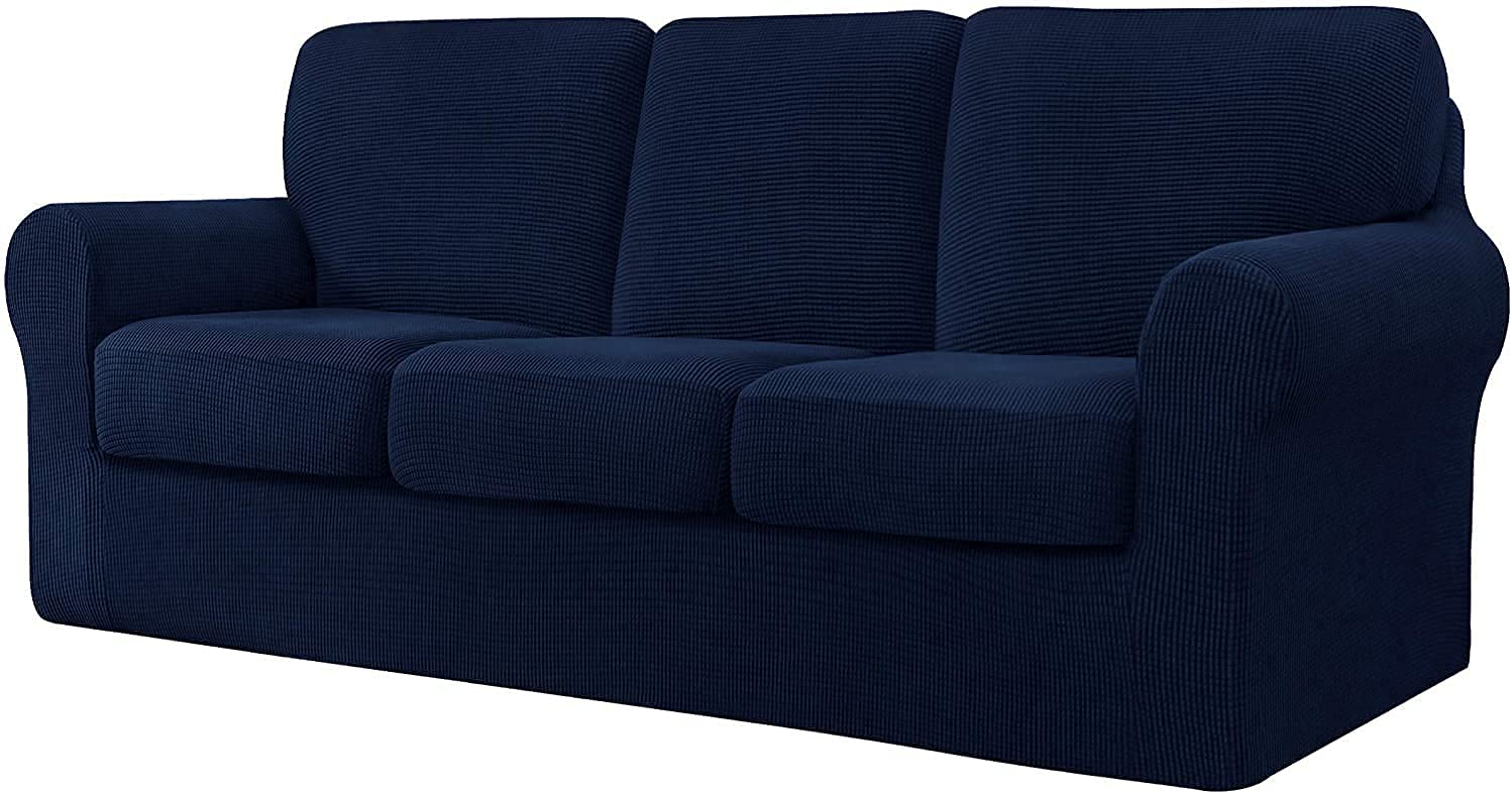 WJHDWYD 7 Pieces Stretch Sofa Cover, Sofa Cover with Three Separate Backs and Cushions with Elastic Band, Checked Spandex Jacquard Fabric(Navy,3 posti (185-235 cm))