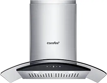 COMFEE' Curved Glass Range Hood 30 Inch 450 CFM 3 Speed Gesture Sensing &Touch Control Panel Stainless Steel kitchen Ductless/Ducted Convertible with Baffle Filters and 2 LED Lights (CVG30W9AST)