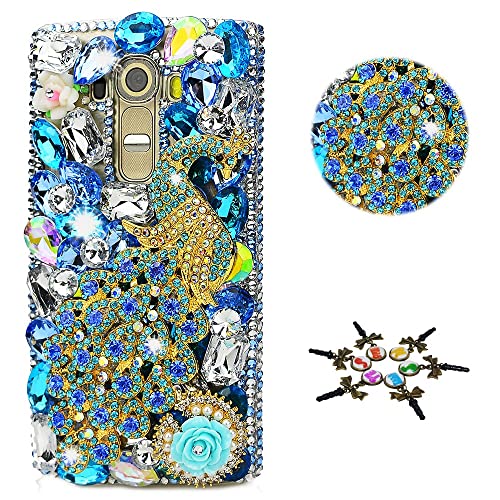 STENES Bling Phone Case Compatible with LG K52 Case - Stylish - 3D Handmade [Sparkle Series] Pretty Peacock Rose Flowers Sparkly Diamond Rhinestone Design Cover Case - Blue