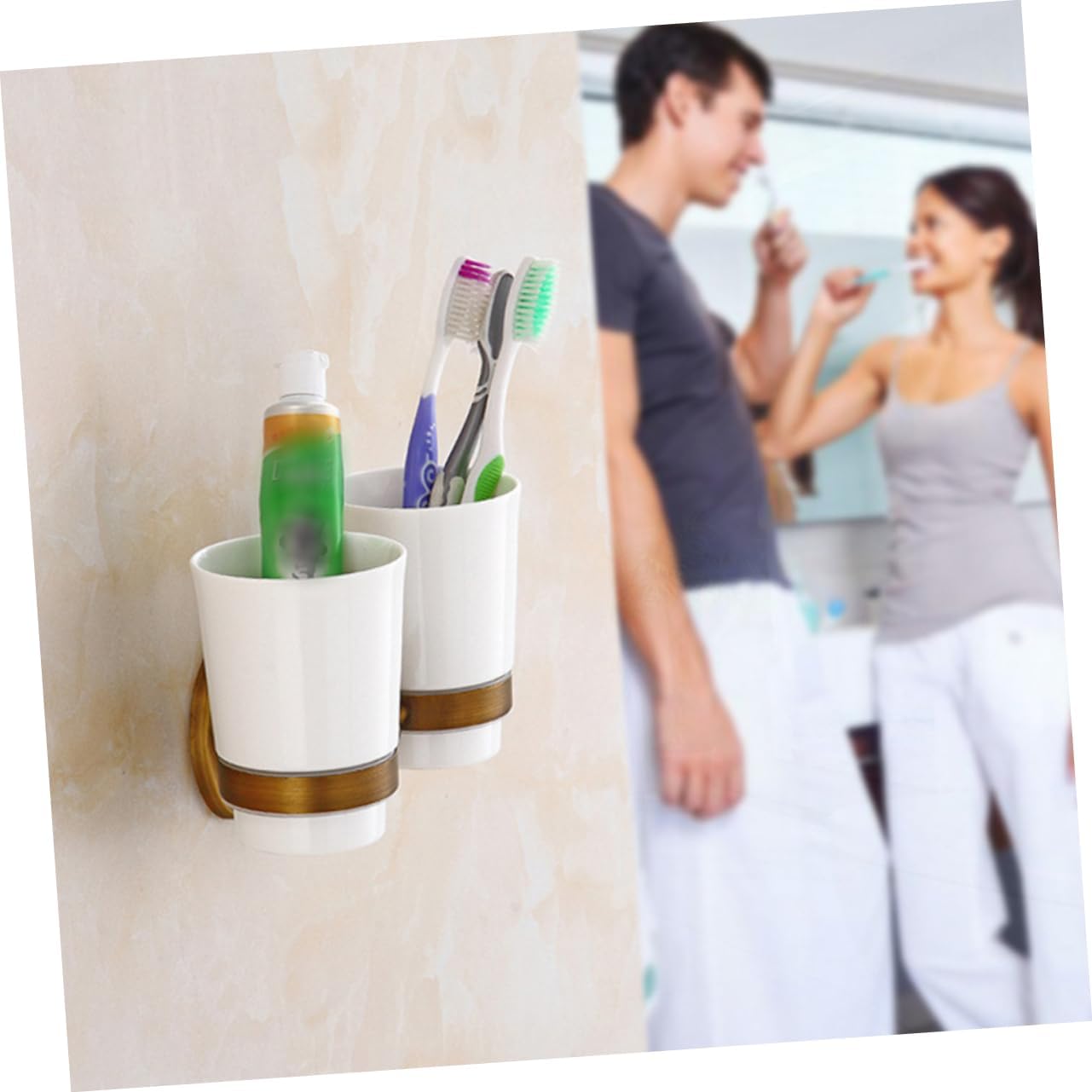 Vintage Toothbrush Cup Holder Wall Mount Holder No-Drill Removable Ceramic Cups Bathroom Accessory