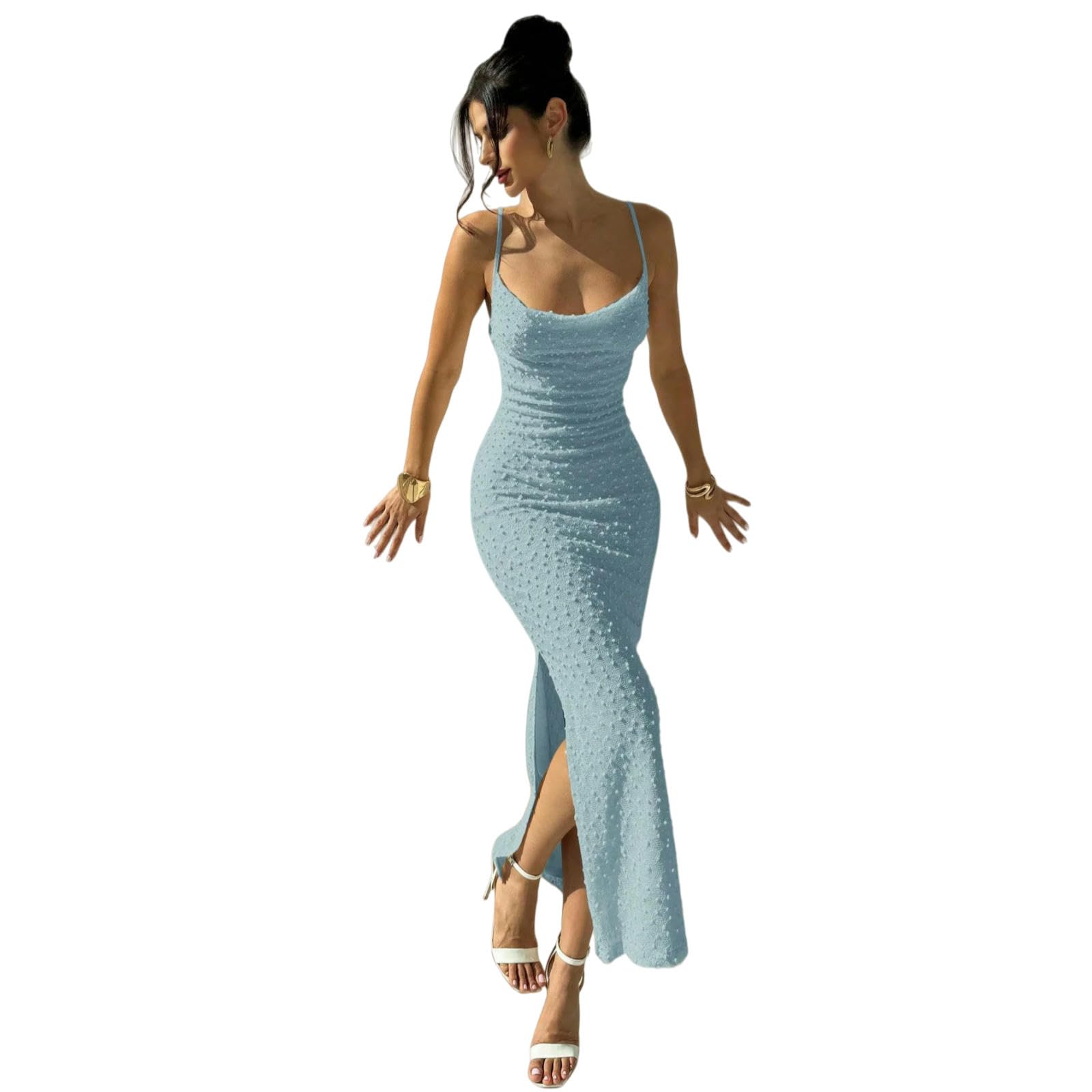 Abito Donna Lungo Elegante E Sottile da Donna, con Spalline Sottili in Tessuto Strutturato, Festa Estivo Romantico Vita Stretta-2-xs