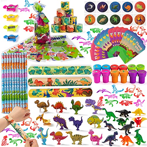 Juego de 12 bolsas de regalo precargadas con etiquetas de regalo de dinosaurio, relleno de sacapuntas temáticos de dinosaurios, figura de dinosaurio, pulsera de regazo, pegatina