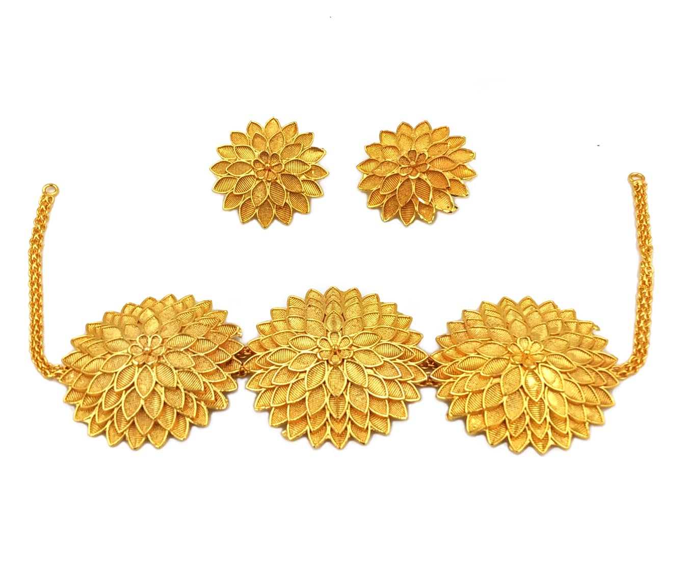 Tanvi J Gold Plated Traditional Three Flower Copper Necklace with Earrings (B0B66MFPDT) Amazon Price History, Amazon Price Tracker