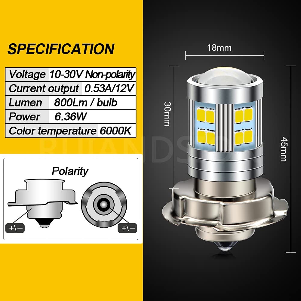Ruiandsion 2 Bombillas LED P26S Para Moto – 10-30V, 20SMD, 800 Lúmenes, Con Lente Proyector, Blanco, 50.000h