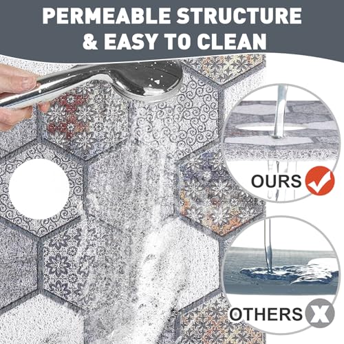 Image of Square Shower Mat Non Slip: 36 x 36 Inch Extra Large Shower Mats with Drain Hole in Middle - PVC Loofah Anti Slip Shower Floor Matt for Inside Shower