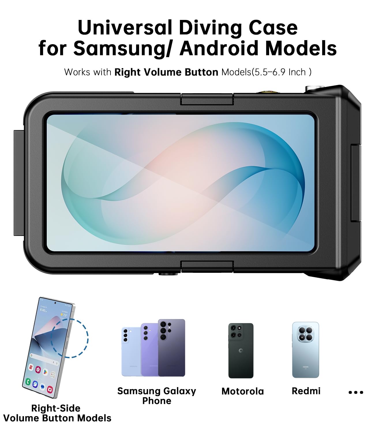 Unterwasser-Handyhülle für Samsung Galaxy S26, S25, S24 Ultra, 15 m, Schnorcheln, Tauchen, wasserdichtes Gehäuse unter Wasser, Foto und Video für Samsung Motorola Redmi (rechte Seite
