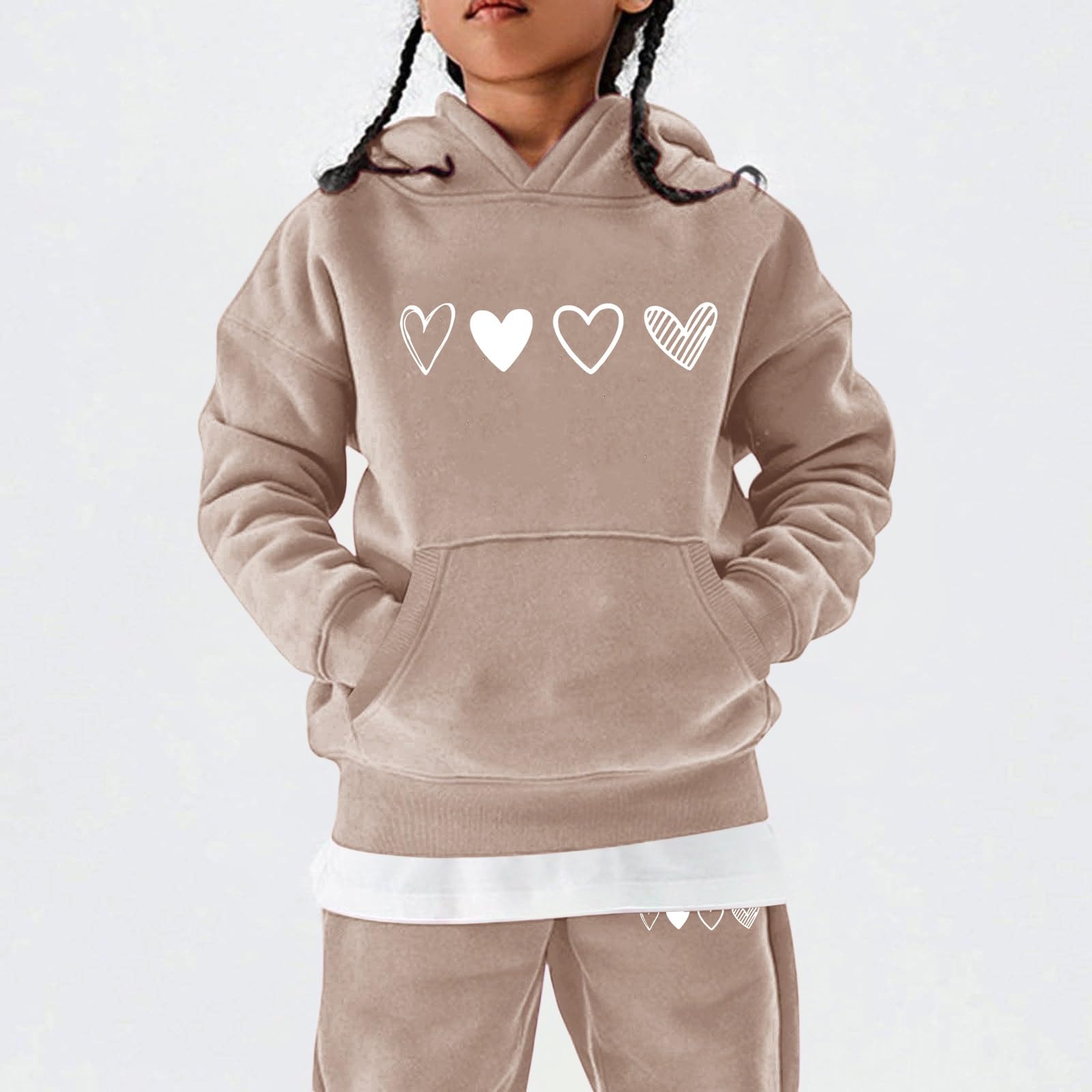 Conjunto deportivo con capucha para niñas, bonito diseño de corazón, caqui, 9-10 años