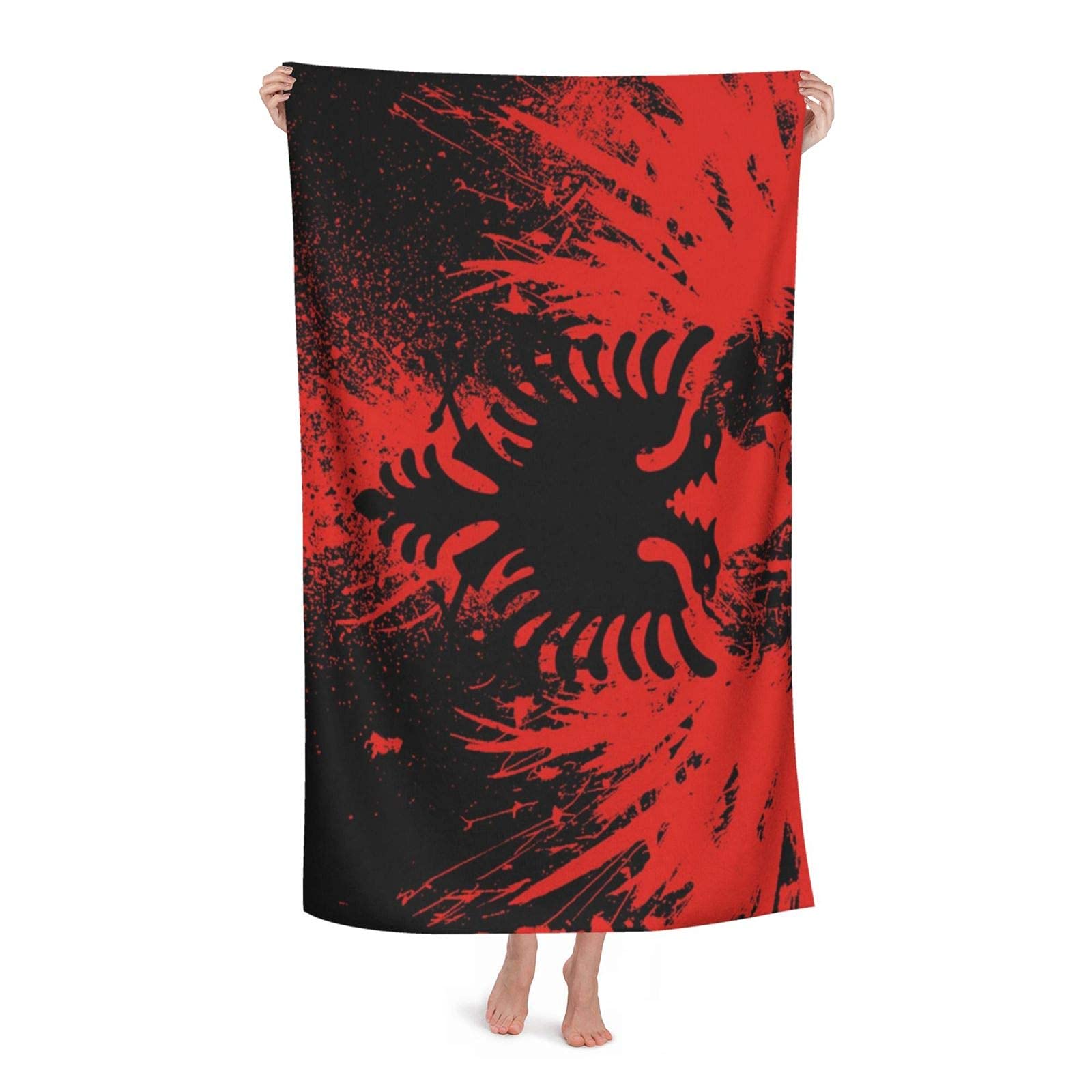 Fflsdr White Beach Towel Albanian Flag And Bald Eagle Microfiber Large Bath Towel For Adults Absorbent Quick Dry Beach Blanket 80X130cm