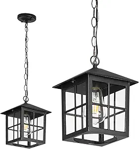 Black Outdoor Pendant Light Fixture Exterior Hanging Lights with Adjustable Chain Waterproof Outside or Indoor Hanging Lantern for Dinning Room Hallway Kitchen Island Porch Doorway(1 Pack)