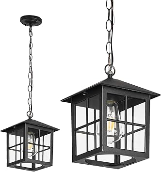 Black Outdoor Pendant Light Fixture Exterior Hanging Lights with Adjustable Chain Waterproof Outside or Indoor Hanging Lantern for Dinning Room Hallway Kitchen Island Porch Doorway(1 Pack)