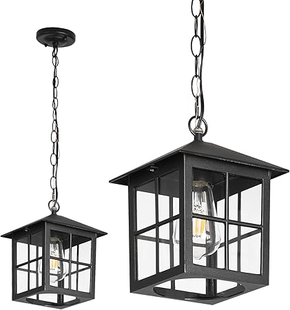 Black Outdoor Pendant Light Fixture Exterior Hanging Lights with Adjustable Chain Waterproof Outside or Indoor Hanging Lantern for Dinning Room Hallway Kitchen Island Porch Doorway(1 Pack)