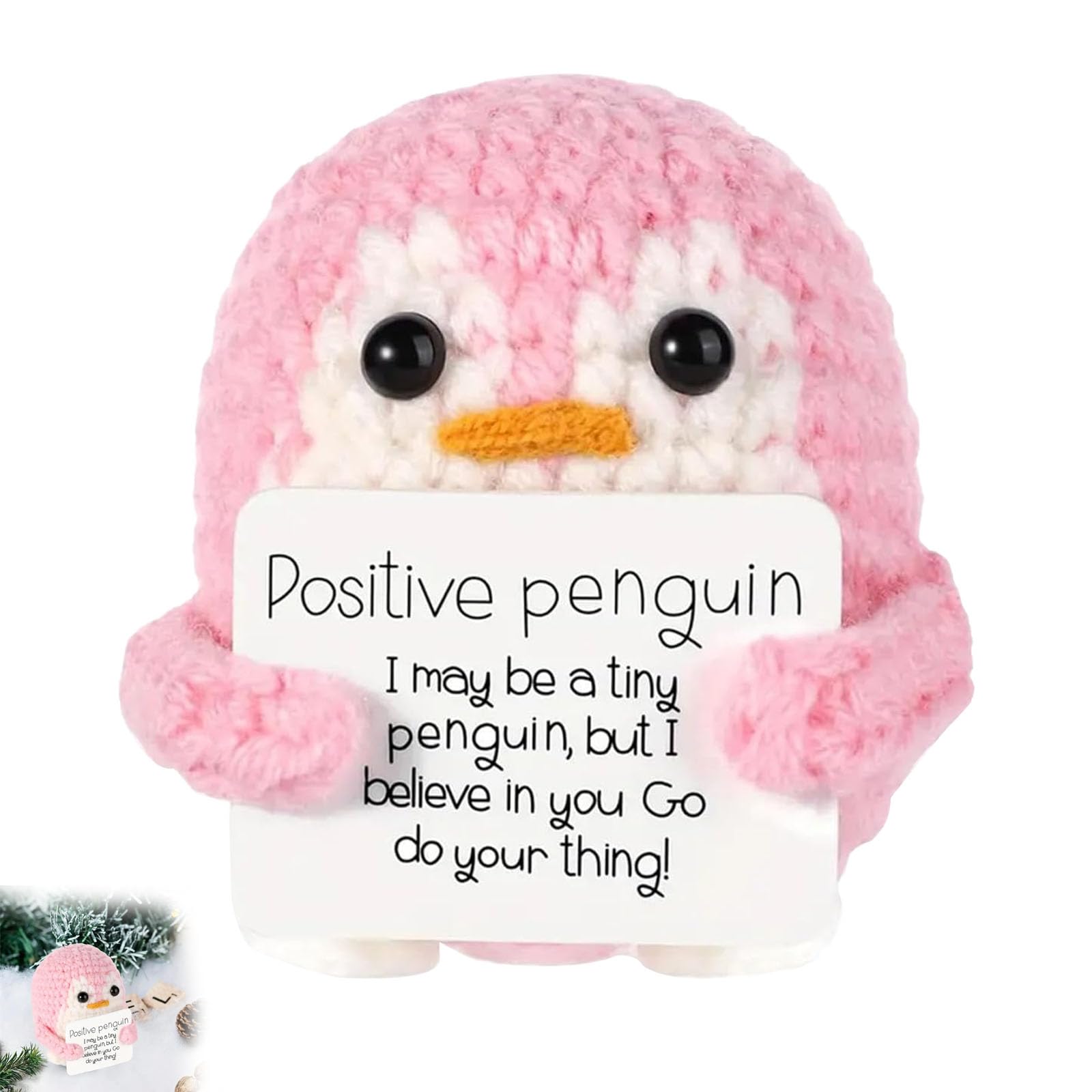 Pingouin Tricoté Positif 6,5cm Avec Carte Encouragement - Cadeau Saint-Valentin Ou Amitié - Fait Main
