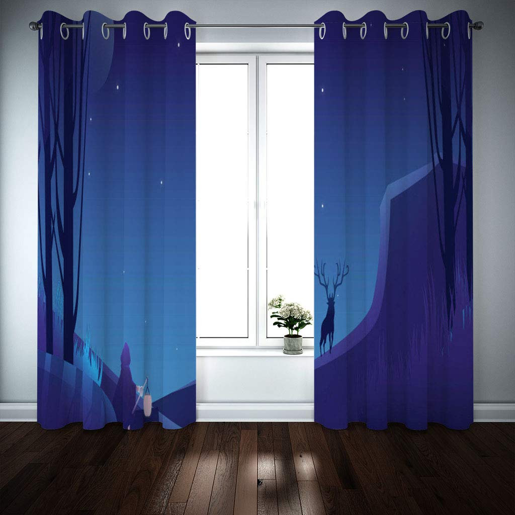 Cortinas Opacas Termicas Aislantes Frio Y Calor Con Ojales 2 Piezas 3D Sombra De Ciervo En El Bosque Azul Profundo Patrón 280X260Cm Cortinas Salon Infantil Dormitorio Ventana Moderna Decoración Par