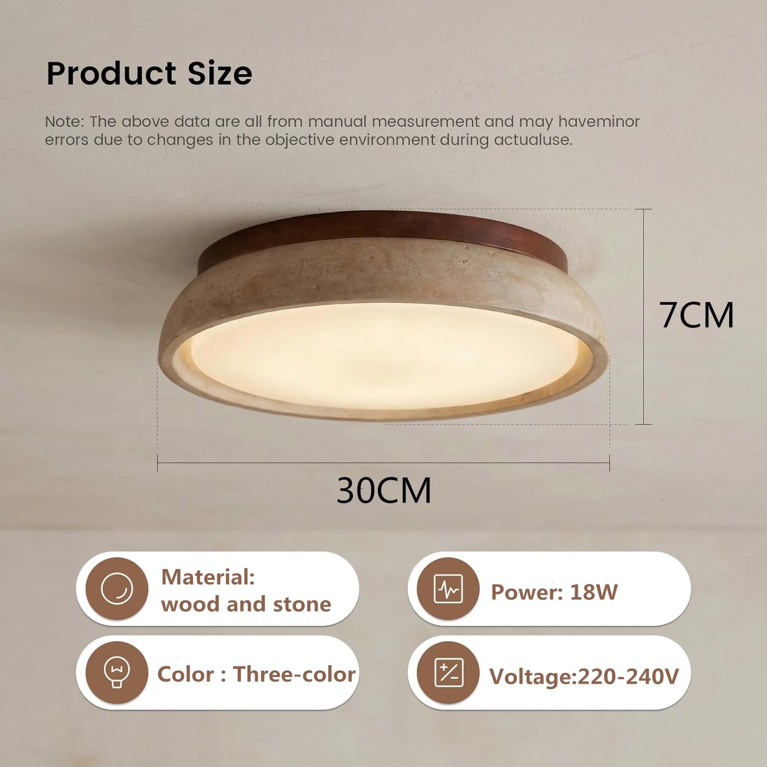 Nowoczesna Lampa Sufitowa LED Z Możliwością Ściemniania, Żółty Trawertyn, Lampa Sufitowa Z Naturalnego Drewna, Drewno, Oświetlenie Sufitowe W Stylu Vintage Wabi-sabi Do Sypialni(30CM)