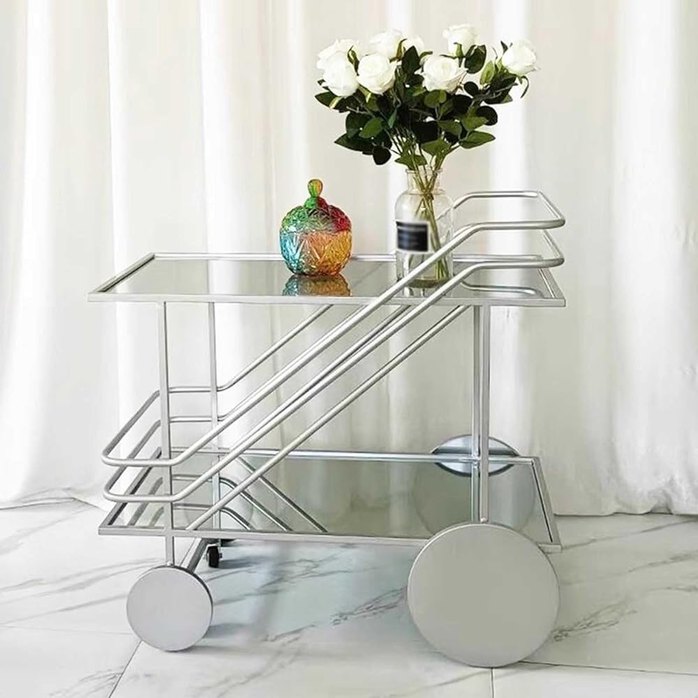 Chariot de service moderne à 2 niveaux en verre et métal avec roulettes – Barre de rangement pour café et vin – Étagère de rangement mobile