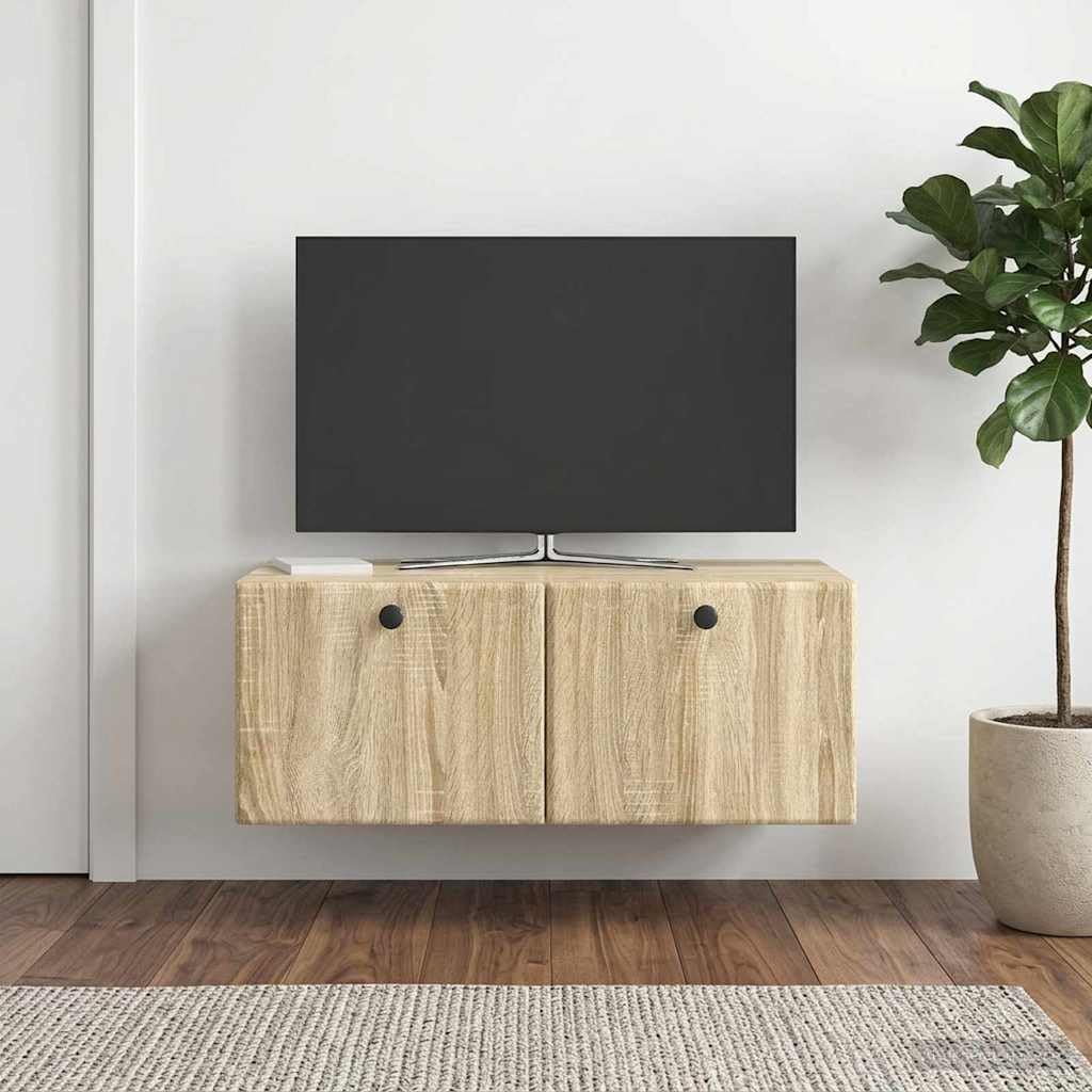 Szafka TV montowana na ścianie, dąb Sonoma z materiału drewnopochodnego, 78,5 x 41 x 30 cm, z dużą ilością miejsca do przechowywania i drzwiami wahadłowymi 90°, do salonu, sypialni, kącika do