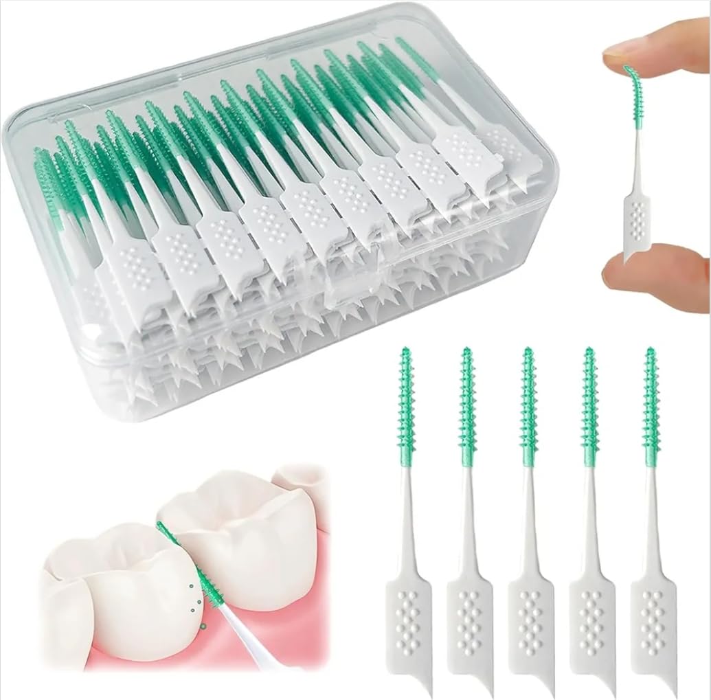 Sehaj Global Interdental Brush Set with Storage Case, 100 Pack Soft Spiral Bristles, Green and White Dental Cleaners for Braces and Implants-image-5