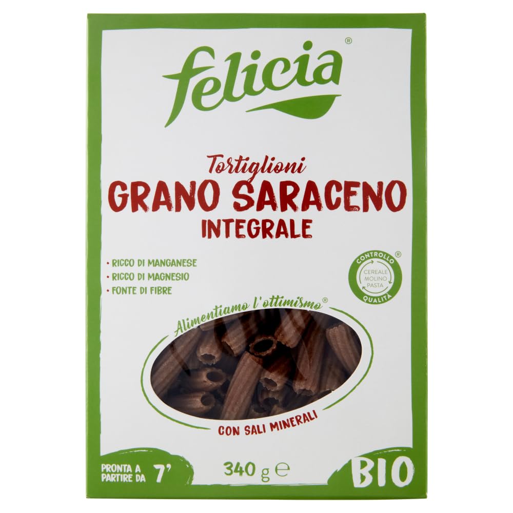 14 x Felicia Tortiglioni di Grano Saraceno Integrale,Pasta con trigo sarraceno 100% orgánico, orgánico y natural, sin gluten, paquete de 340 g + lata italiana gourmet Polpa di Pomodoro de 400 g