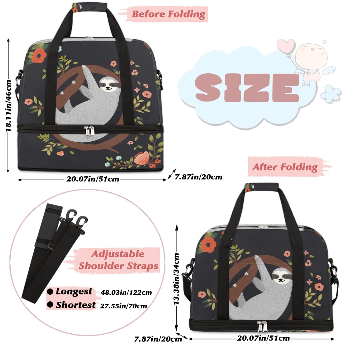 Bolsa de viaje plegable divertida con diseño de árbol de flores de perezoso, bolsa de fin de semana de 47 litros con funda de carrito para deportes, gimnasio, viajes, multicolor, 47L, Bolsa de viaje