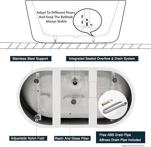 Miniatura 8 de FerdY Bañera independiente de acrílico Bali de 47 pulgadas, bañera independiente con forma elegante, certificado cUPC, drenaje de níquel cepillado