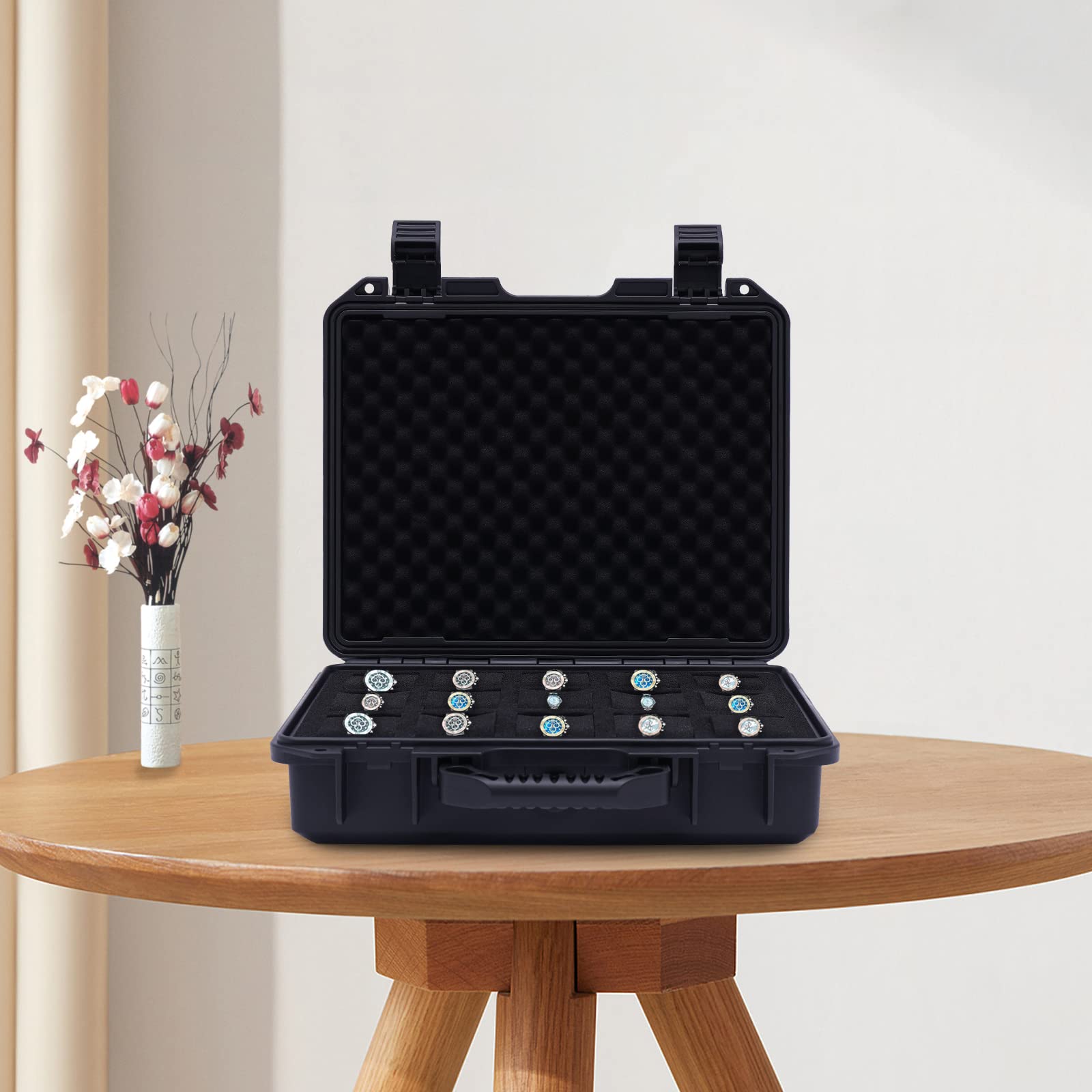 CHUOZI Watch Storage Box Suitcase Case Display, Jewelry Holder Organizer (Black，15-Slot Box)