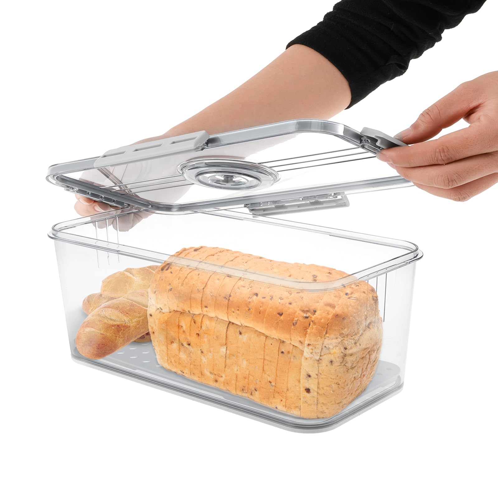 Time Recording Bread Box with Air Valve, Kitchen Counter Airtight Bread Bins with Lid, Clear Food Storage Container for Homemade Toast, Bagel, Donut, Sandwich and Cookies (Grey 32.5×17.5×11cm)