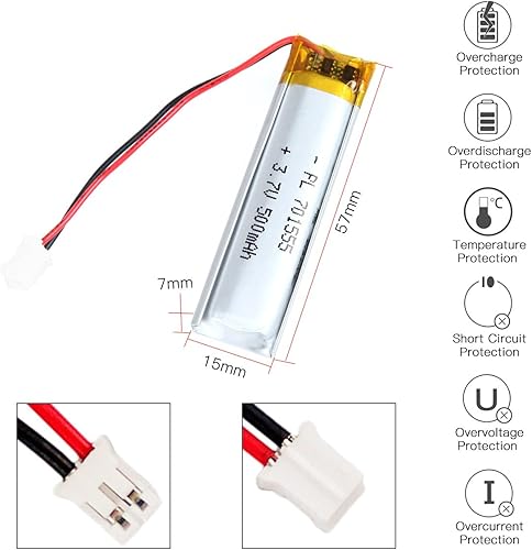 Miniatura 3 de 3.7V 500mAh Batería 701555 Li-ion Li-ion recargable Li-ion Li-Po Batería con 2P PH 0.079 in Pitch Connector