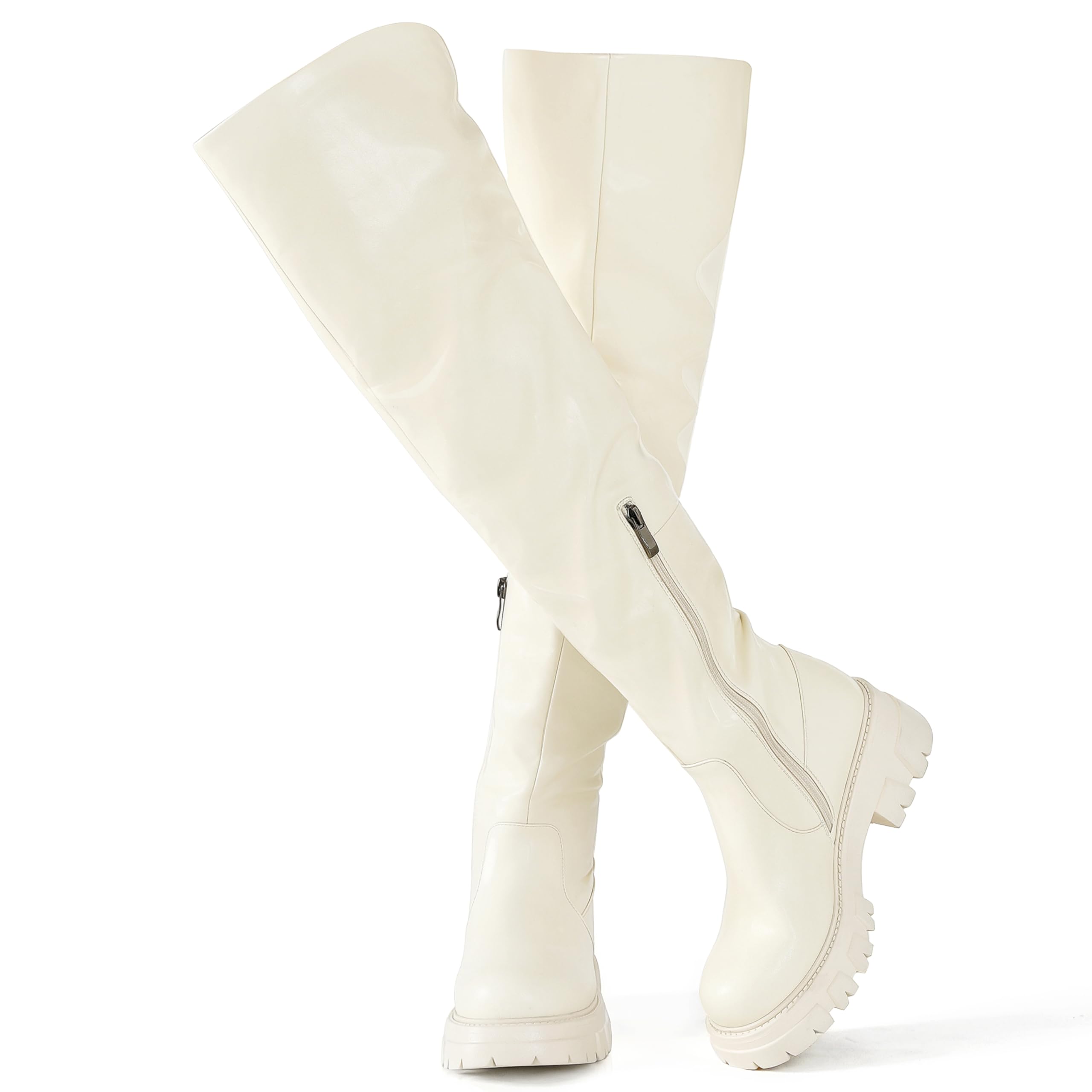 Black Thigh High Boots For Women Platform Slouch Over The Knee Fall Boots Lug Sole Low Chunky Heel
