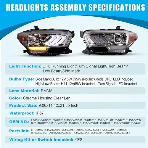 Miniatura 10 de CPW Faros delanteros compatibles con Toyota Tacoma 2016-2019 2020-2023 Tacoma SR SR5 TRD Sport solo modelos DRL proyector frontal frontal carcasa