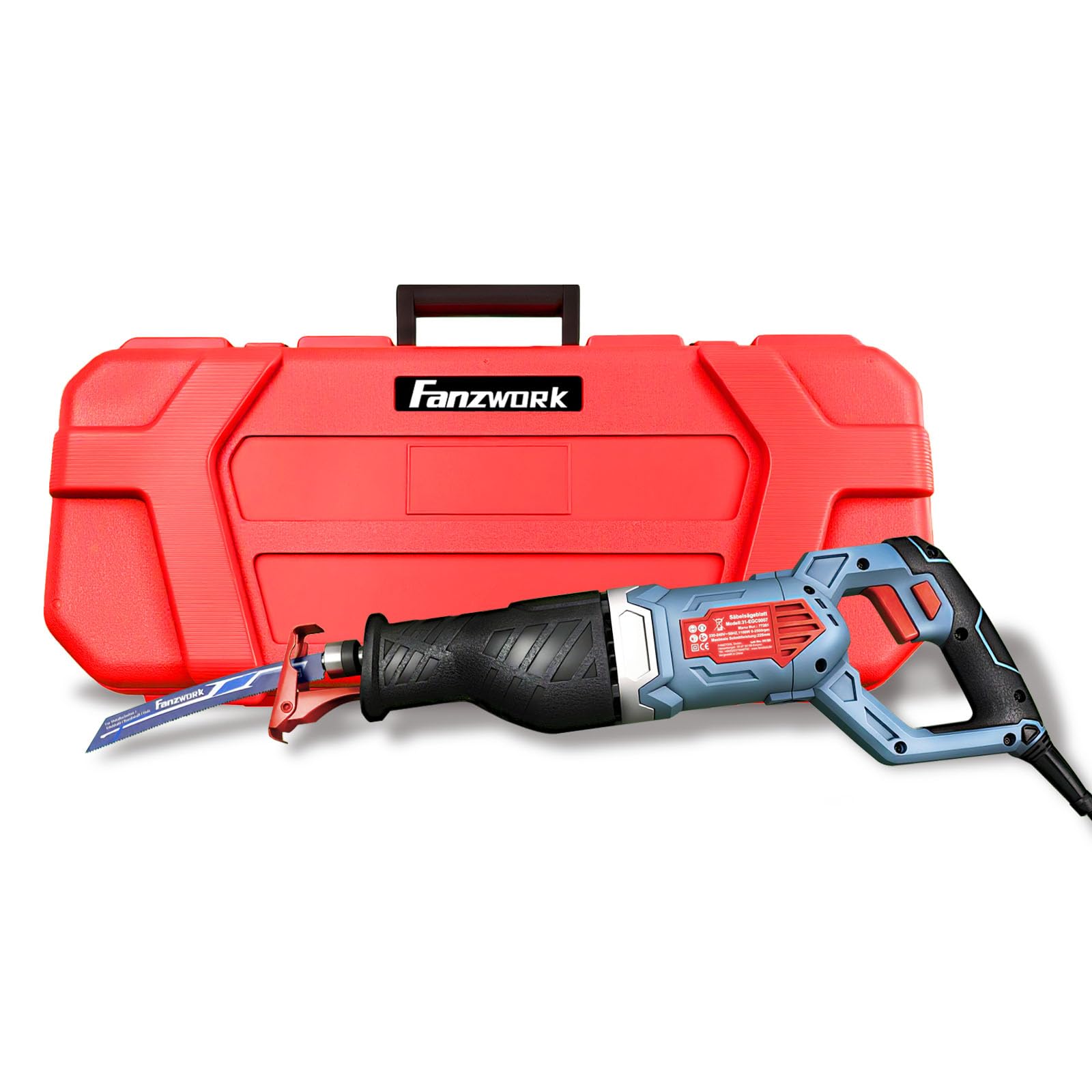 FANZWORK - Sierra de sable eléctrica de 1100 W, 0-2500 spm, LED, incluye hoja de sierra con cable de 4 m, para madera, metal y plástico, cambio de hoja sin herramientas