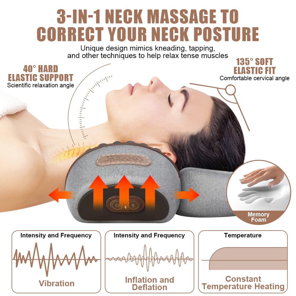 3-in-1 Nackenmassagegerät mit Wärme: Nackenmassagekissen Elektrisch mit Vibration und Ziehung - Entspannungskissen für Nacken|Rücken|Beine - Zervikales Massagekissen
