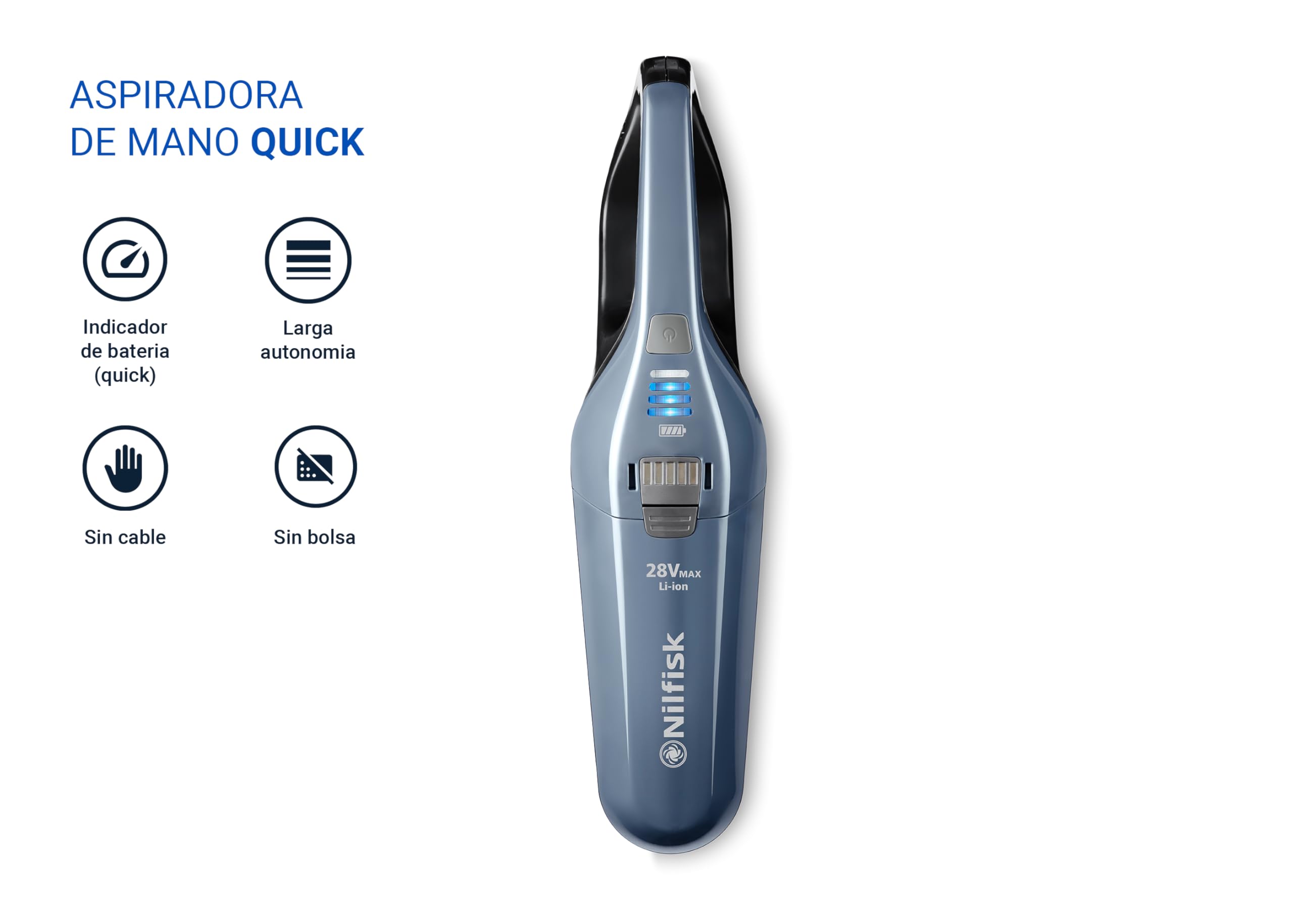 Nilfisk Aspiradora de Mano Quick - Aspirador sin Cable y sin Bolsa - Azul (28 V)