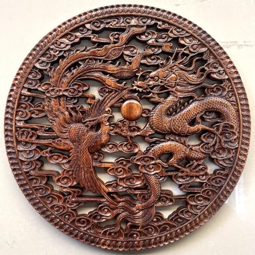 Objet d'art mural dragon phénix FENNYYAR bois de camphre 38cm