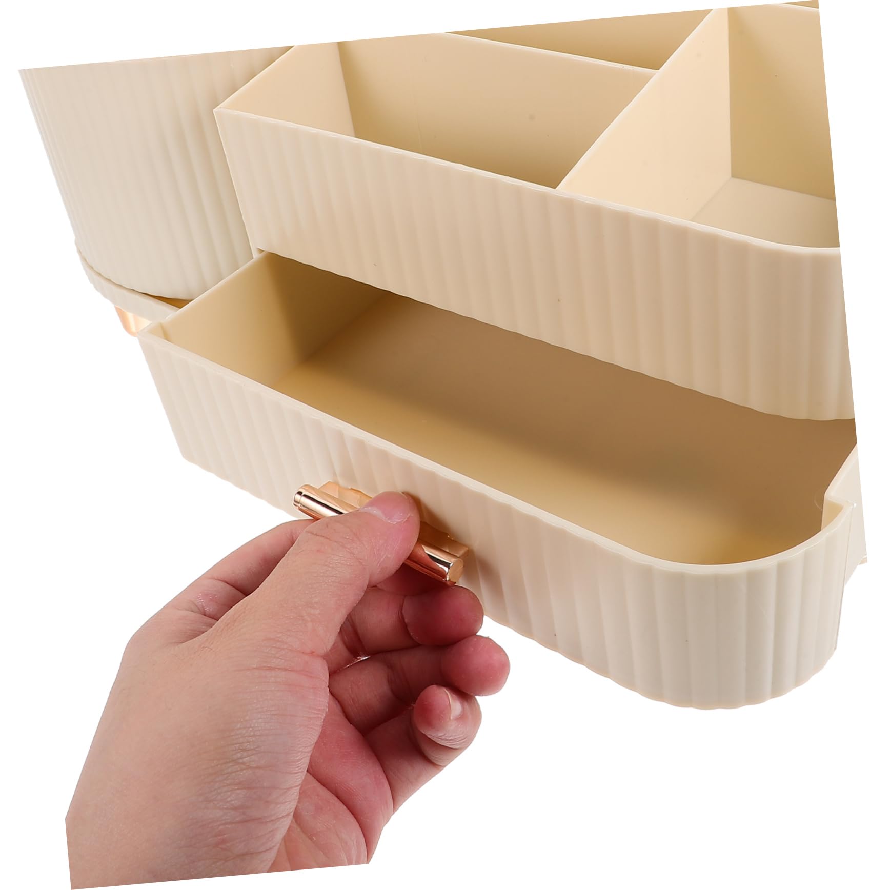 FRCOLOR Make Up Pinselhalter Beige mit Schublade und Fächern Drehbarer Schminkorganizer aus Kunststoff Große Kapazität für Schminktisch und Bad