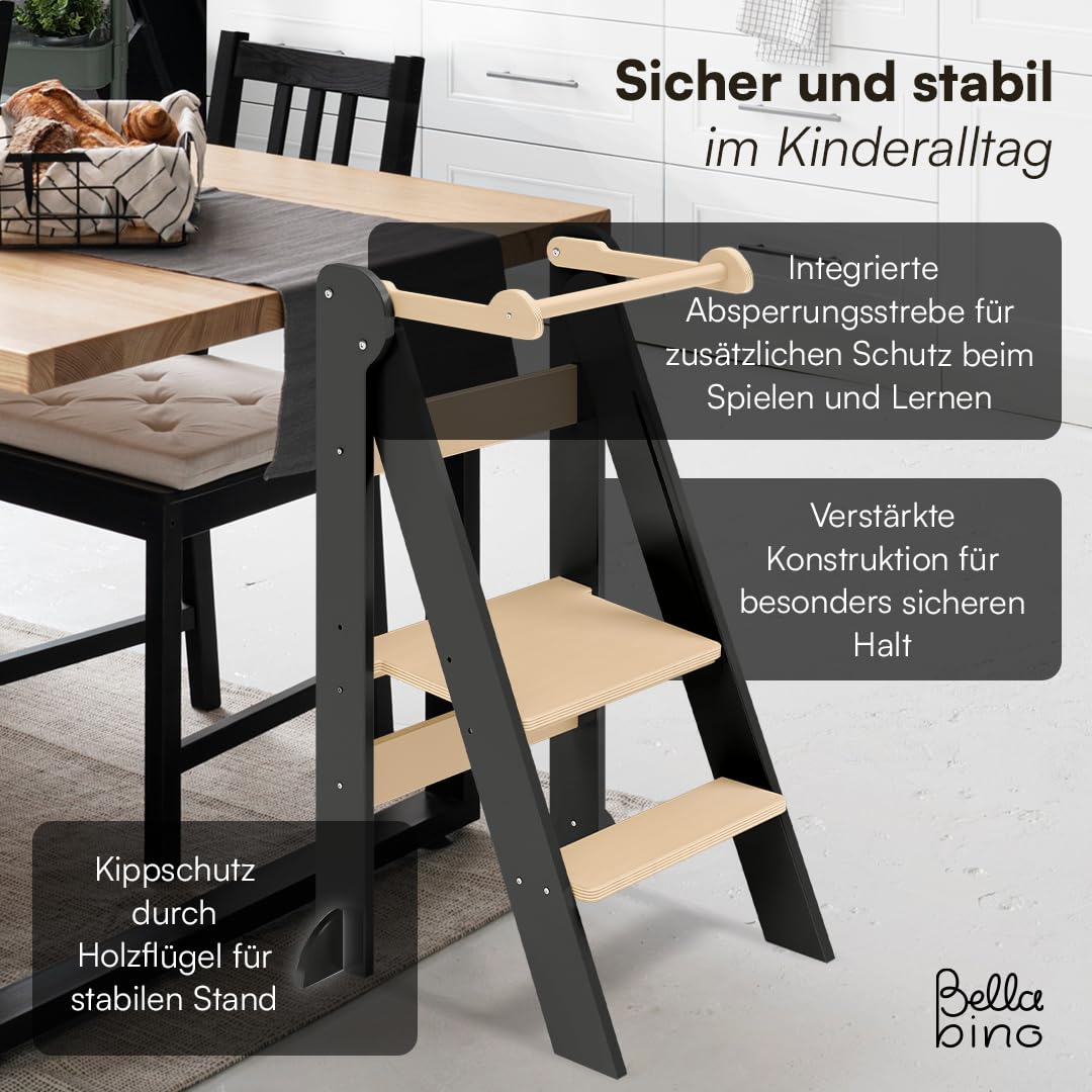 Bellabino Tay Lernturm ab 1 Jahr – Learning Tower 2-Fach höhenverstellbar & klappbar – Lernstuhl in Grau/Natur für Kinder – Montessori Stehturm aus Birkenholz – sicherer Tritthocker mit Kippschutz