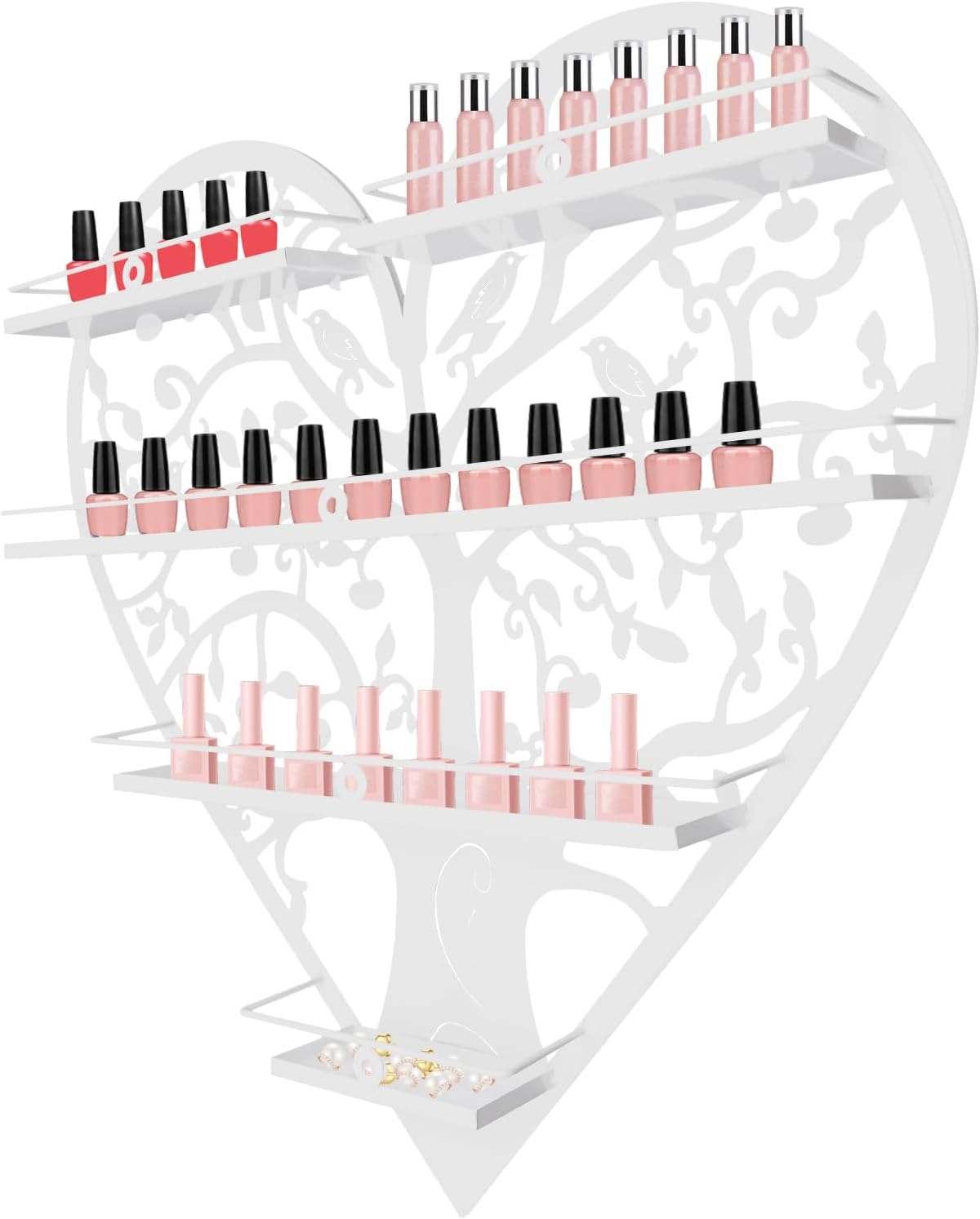 Metal Nail Polish Storage Rack, Wall Mounted Cosmetic Display Case, Lipstick Shelf, Essential Oil Organizer for Bottles, Spa Nail Salon (White)