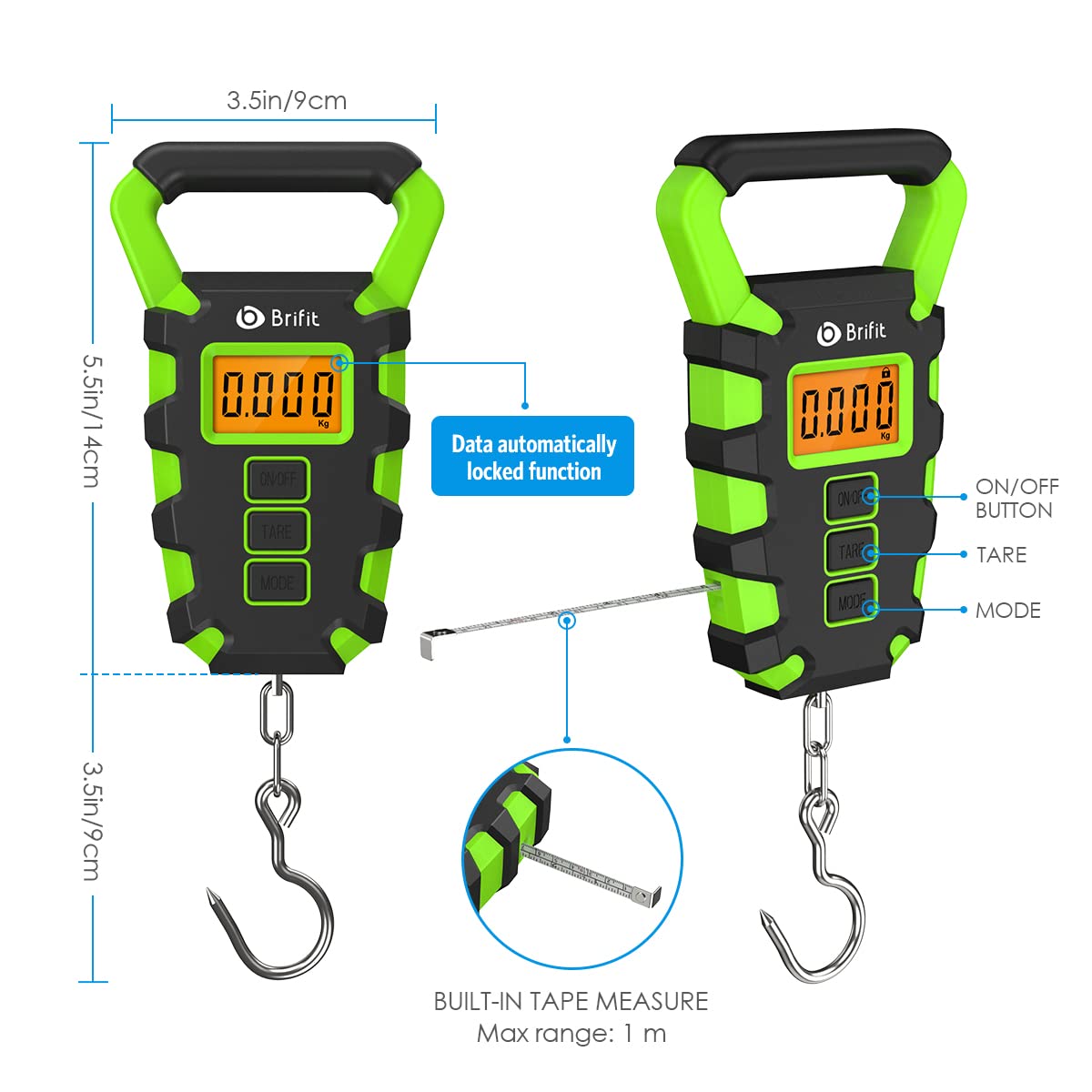Brifit Pesca Digital, Báscula Electrónica para Equipaje, Báscula de Gancho Colgante Postal de Pesca Máxima de 55 kg con Cinta Métrica, Pantalla LCD Retroiluminada - Verde