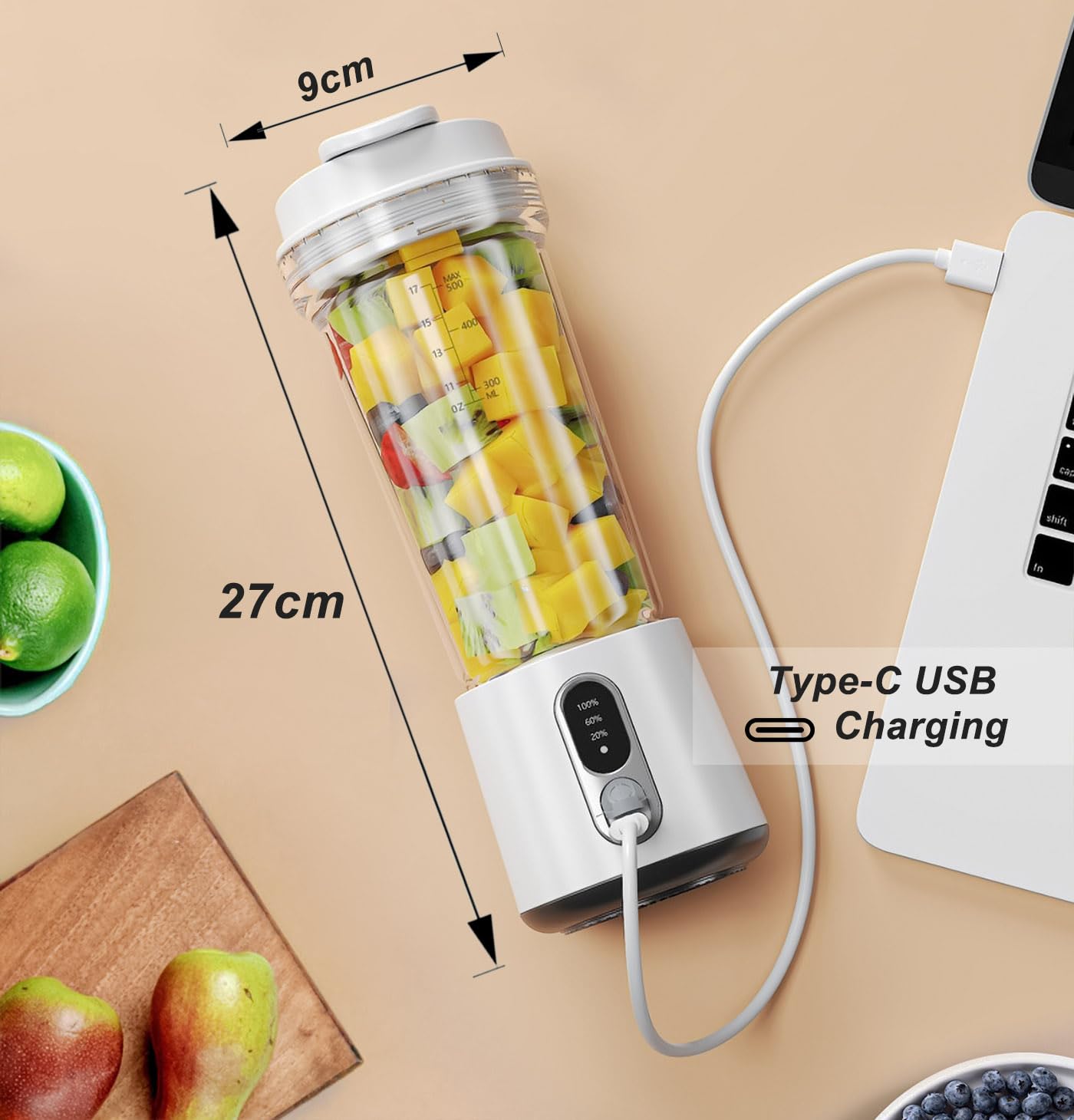 Mixseur Portable 500ml pour Shakes et Smoothies, Mixseur Personnel Rechargeable USB-C 4000mAh, 6 Lames en Acier Inoxydable, Mixseur Sans Fil de Voyage pour Salle de Sport, Extérieur, Cuisine
