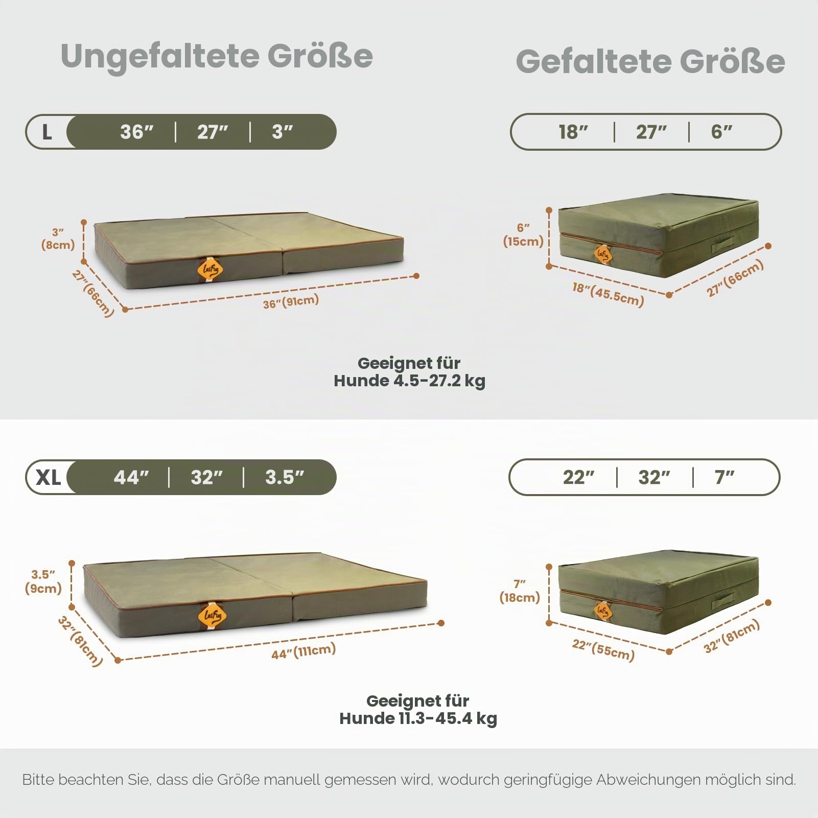 Laifug Faltbares wasserdichtes Hundebett für große Hunde - Orthopädisches Hundebett für den Außenbereich mit waschbarem abnehmbarem Bezug, Haustiermatratze mit Griffen, Armeegrün(111x81x9cm