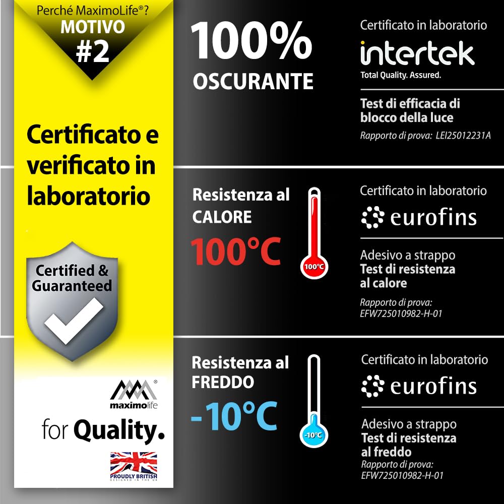 Tenda oscurante MaximoLife® Ultimate 100% | Adatta a finestre di qualsiasi dimensione/forma | Griglia guida di taglio per un taglio più facile | Ventose potenti | Gancio e passante resistenti
